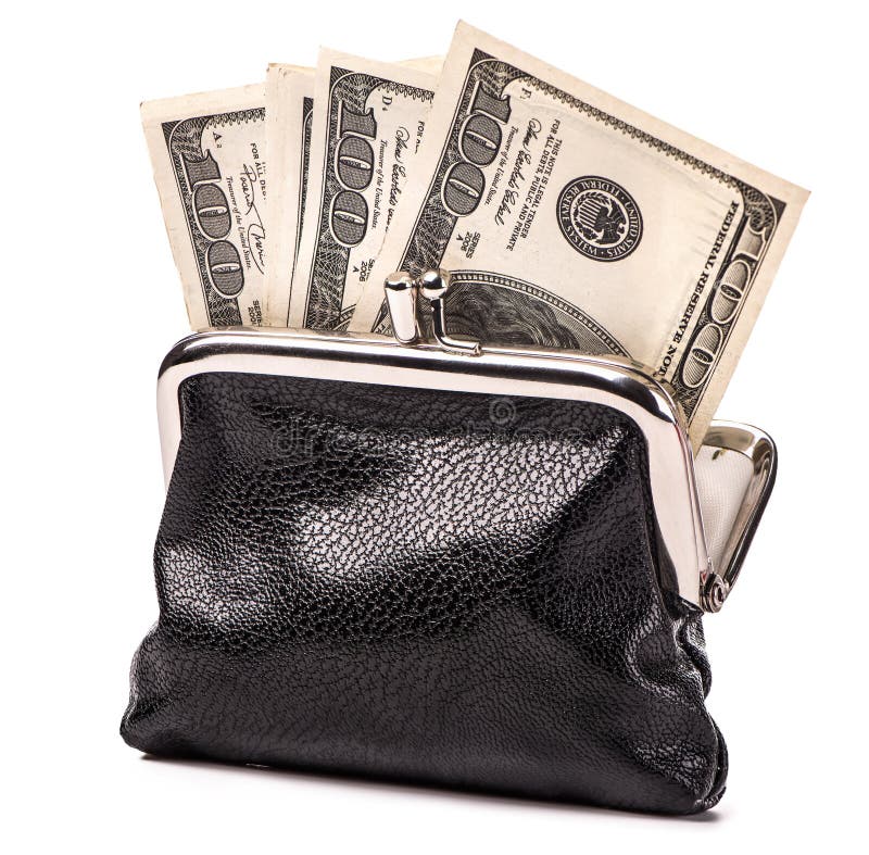 Black leather purse and paper dollars isolated on white background. Black leather purse and paper dollars isolated on white background