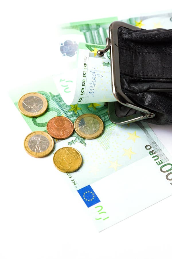 Black purse with euro on white background