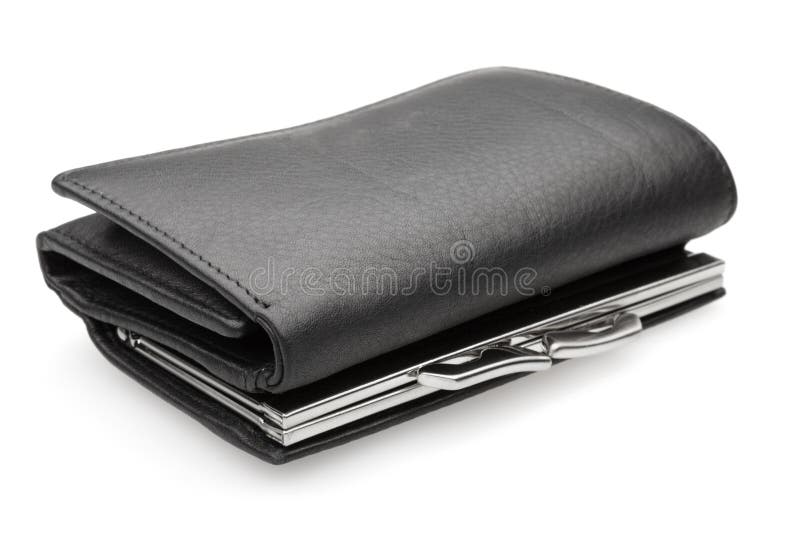 Black leather purse on a white background with shadow isolated. Black leather purse on a white background with shadow isolated