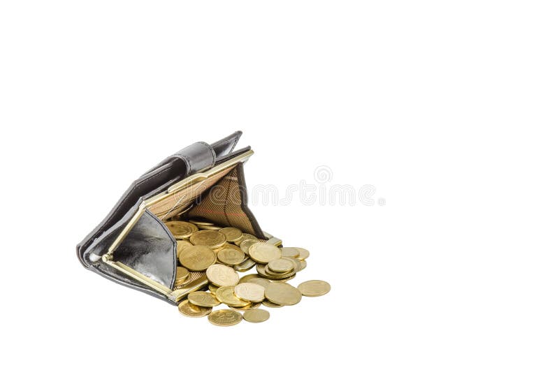 Black purse with Ukrainian coins isolated on white