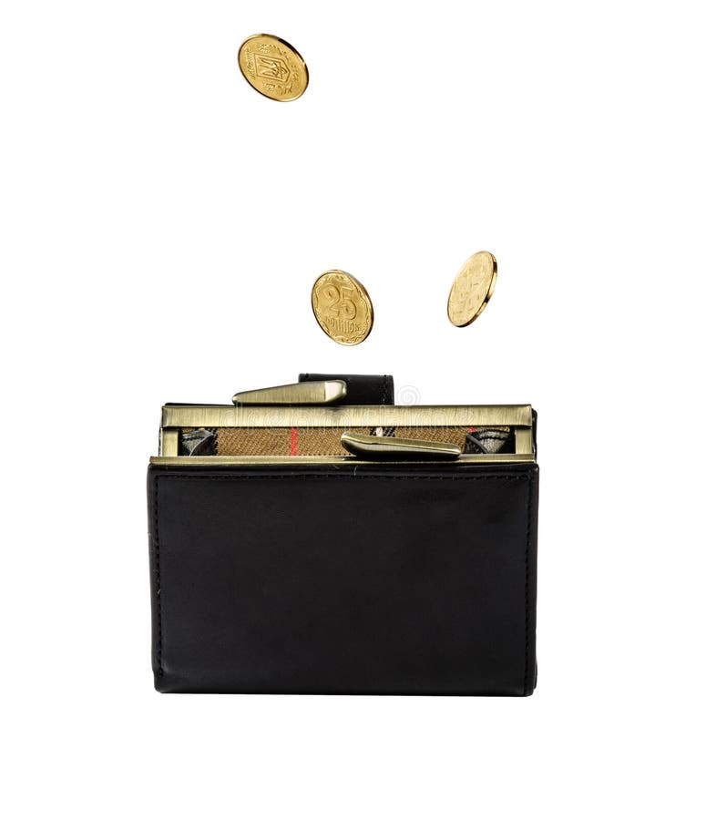 Black purse with Ukrainian coins isolated on white