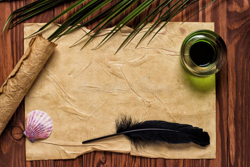 Background Paper Tongue And Quill Quill with Inkstand on Vintage Paper Background and Wood Table Stock
