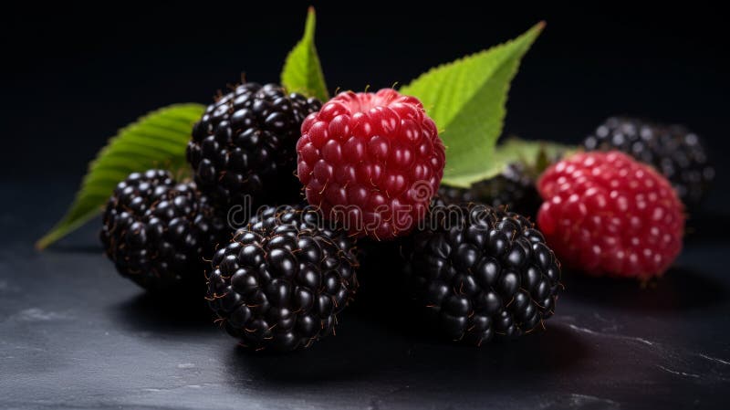 Black raspberries on dark black background close up. Neural network royalty free stock photos.