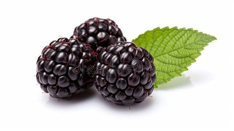 Black raspberries on light white background close up. Neural network royalty free stock photography.