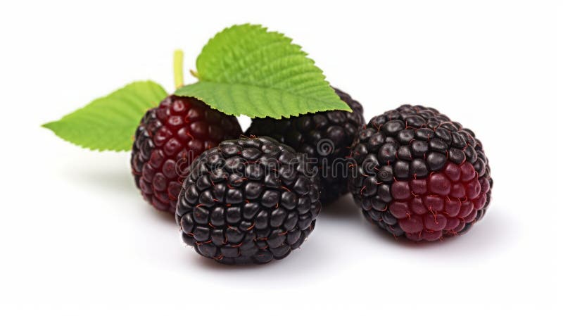 Black raspberries on light white background close up. Neural network stock image.