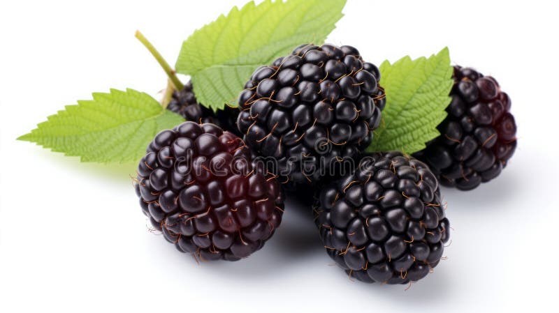 Black raspberries on light white background close up. Neural network stock photo.