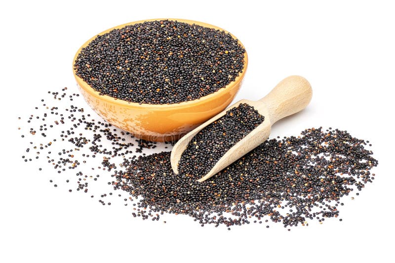 Black raw quinoa in orange bowl and wooden scoop isolated on white background. Black raw quinoa in orange bowl and wooden scoop isolated on white background.