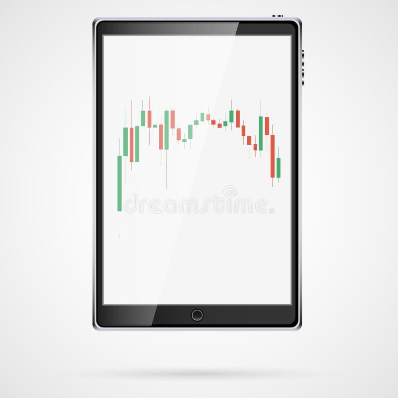 Black realistic large vertical smart touch mobile tablet computer with Japanese candles, interval chart of changes in stock quotes royalty free illustration
