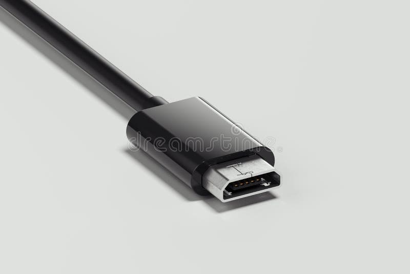 Black realistic micro usb cable isolated on white background. 3d rendering