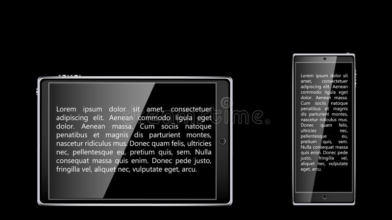 Black realistic mobile touch smart tablet computer and mobile phone, smartphone with black glossy blank screen with sample text is royalty free illustration