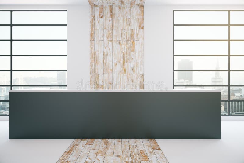 Black Reception Desk in Wooden Interior Stock Illustration