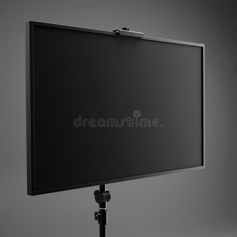 A black, rectangular flat-panel display is mounted on a camera tripod. The screen has stock photos