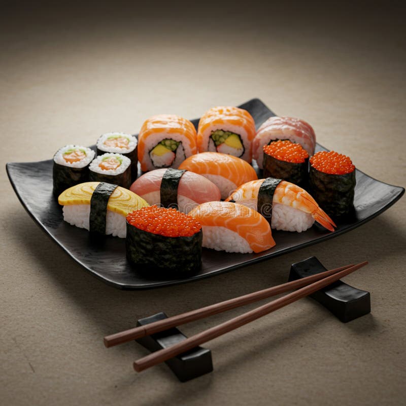 A black rectangular plate holds an assortment of sushi, including nigiri with shrimp royalty free illustration