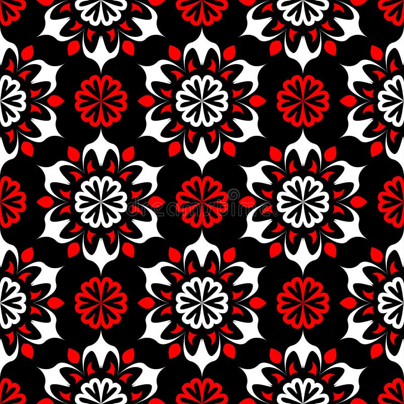 Black red and white floral seamless pattern. Wallpaper background