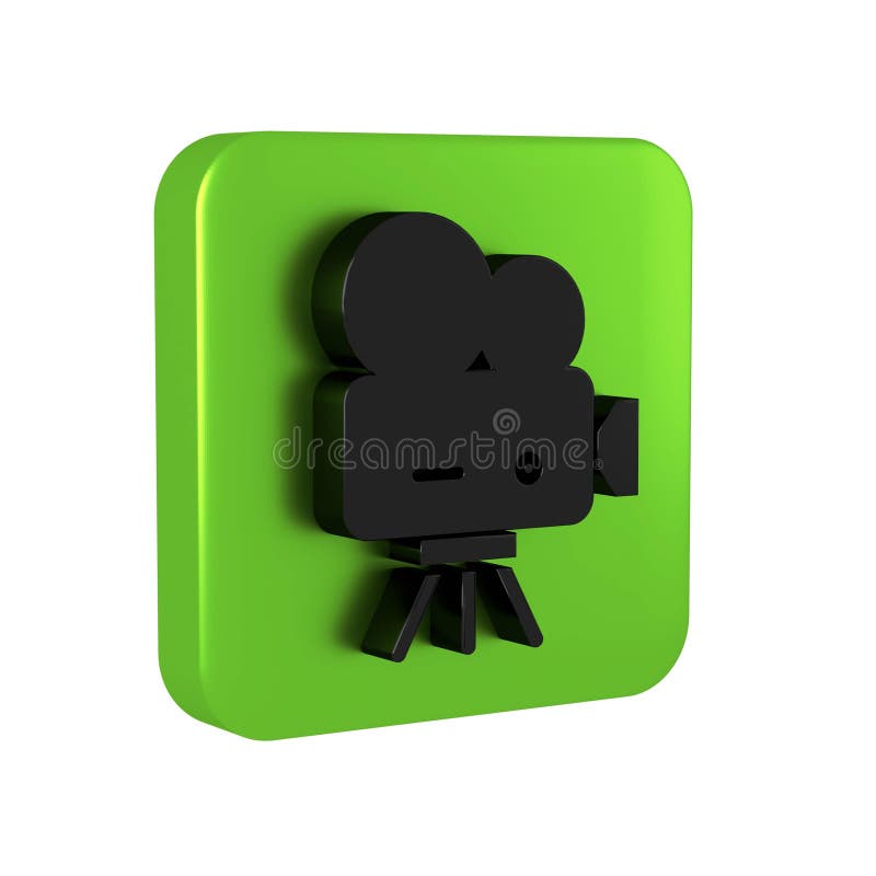 Black Retro cinema camera icon isolated on transparent background. Video camera. Movie sign. Film projector. Green square button..