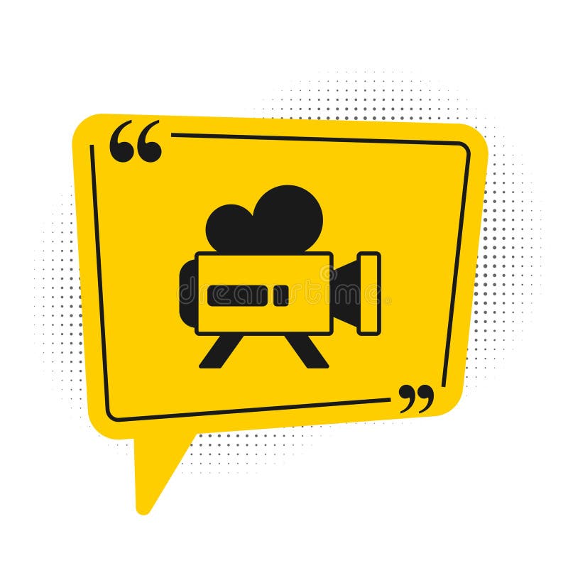 Black Retro cinema camera icon isolated on white background. Video camera. Movie sign. Film projector. Yellow speech bubble symbol. Vector.