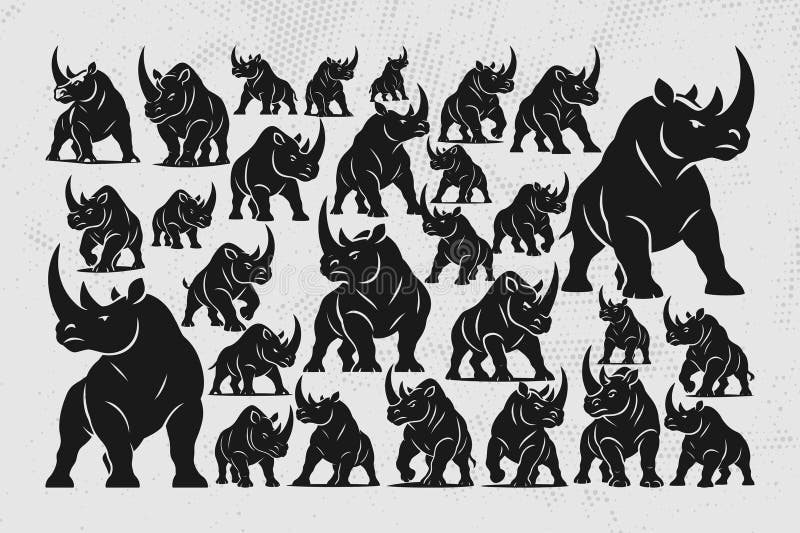 Black rhinoceros silhouettes in various poses and sizes ilustração do vetor