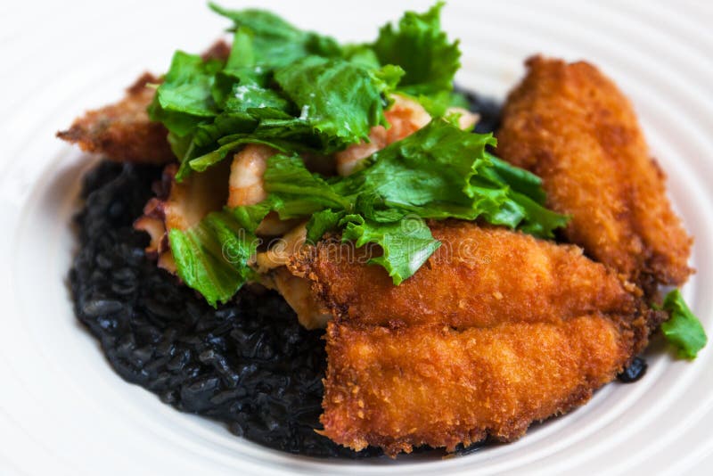 Black rice and fried fish stock image. Image of color - 133011843