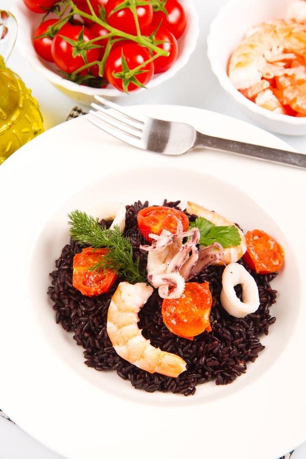 Black Rice with Squid , Prawns and Tomatoes Stock Photo Image of rice