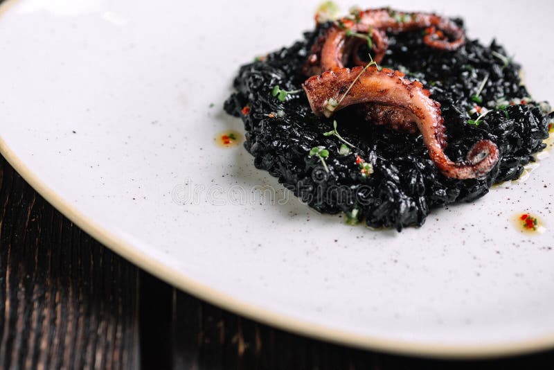 Black Risotto with Cuttlefish Ink and Octopus Tentacles on Irregular