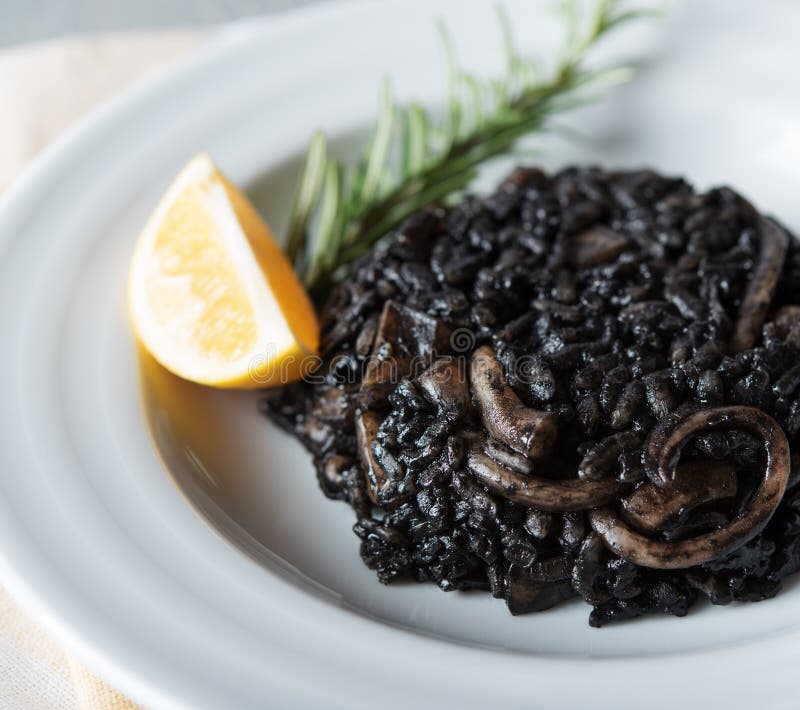 Black Risotto and Shrimp, Italian Creative Food Stock Photo Image of