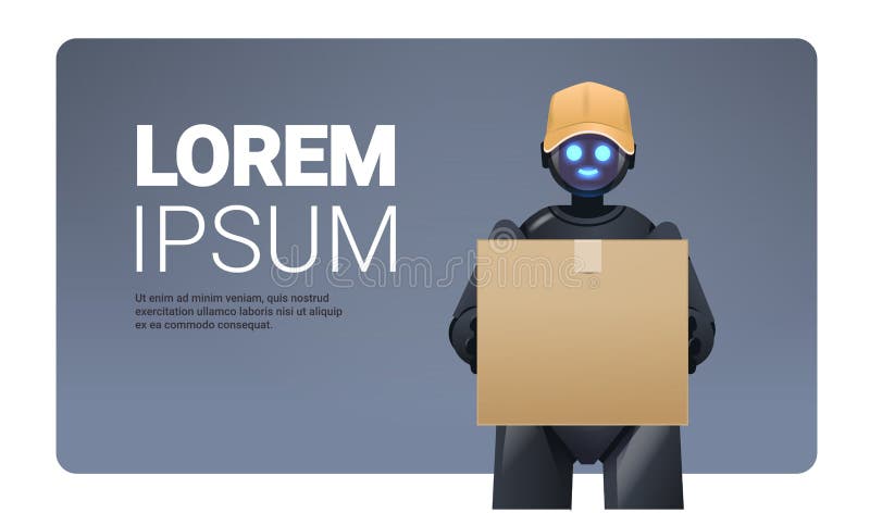 Black robot courier robotic deliver holding cardboard box delivery service artificial intelligence concept horizontal stock illustration