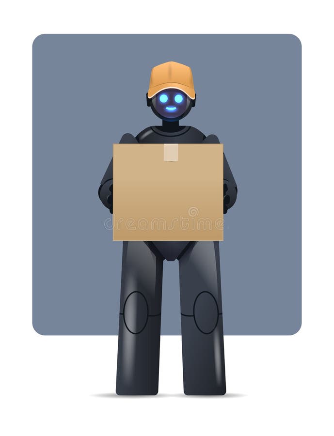 Black robot courier robotic deliver holding cardboard box delivery service artificial intelligence concept vector illustration