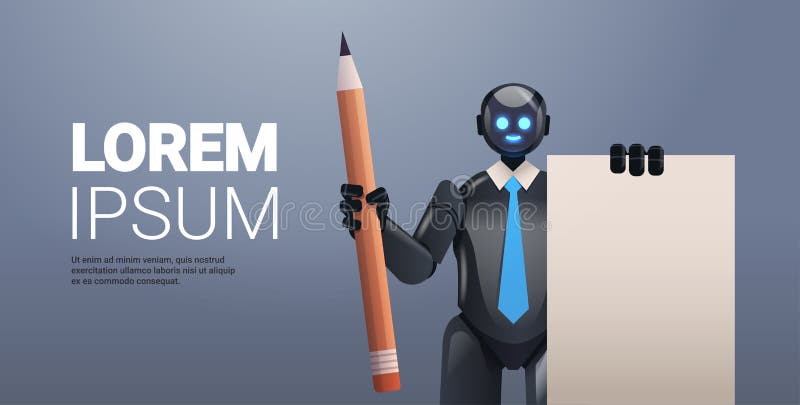 Black robot cyborg holding notepad and pencil robotic character artificial intelligence technology concept stock illustration