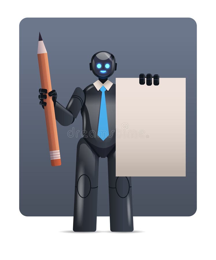 Black robot cyborg holding notepad and pencil robotic character artificial intelligence technology concept stock illustration