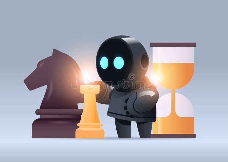 Black robot cyborg playing chess strategy artificial intelligence technology concept horizontal vector illustration