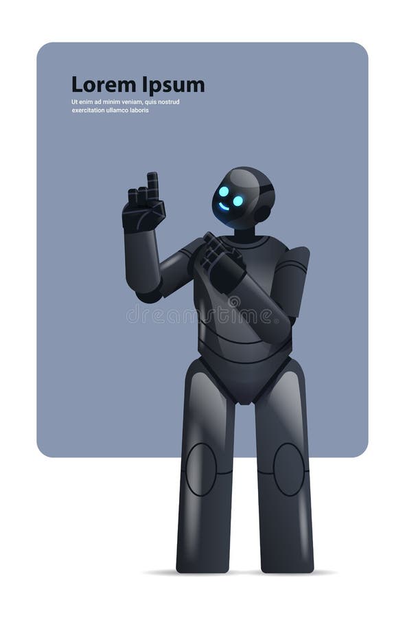 Black robot cyborg pointing at something modern robotic character artificial intelligence technology concept vector illustration