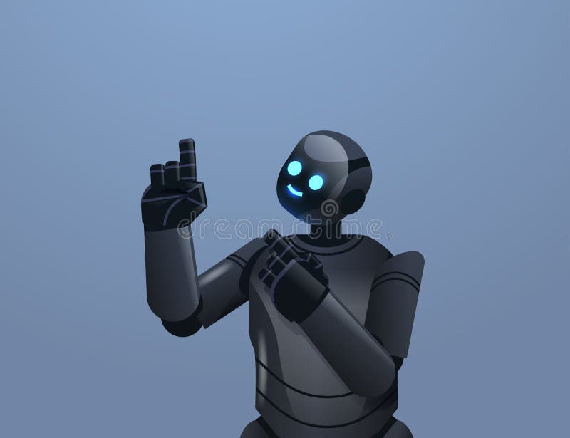 Black robot cyborg pointing at something modern robotic character artificial intelligence technology concept vector illustration