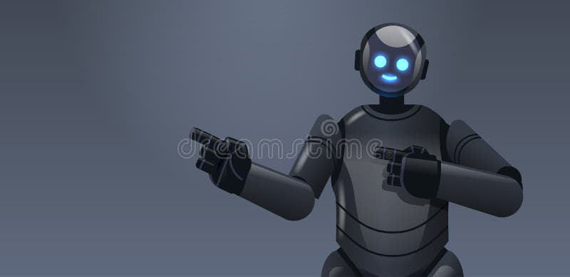 Black robot cyborg pointing at something modern robotic character artificial intelligence technology concept vector illustration