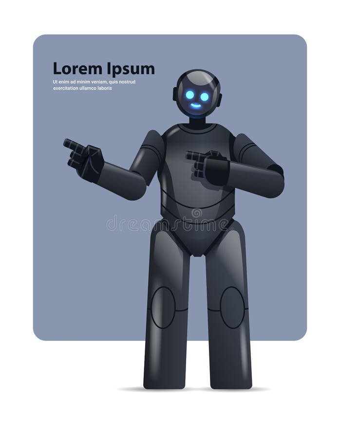 Black robot cyborg pointing at something modern robotic character artificial intelligence technology concept royalty free illustration