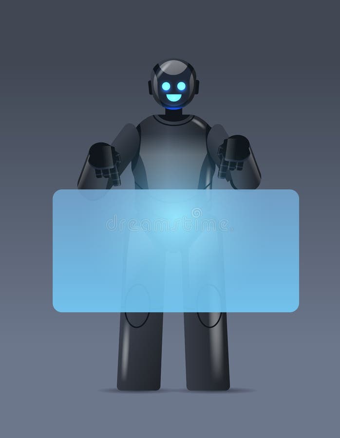 Black robot cyborg pointing at virtual board modern robotic character artificial intelligence technology concept vector illustration