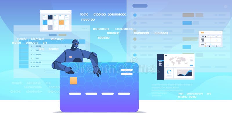 Black robot hacking data privacy security information of credit card artificial intelligence concept horizontal stock illustration