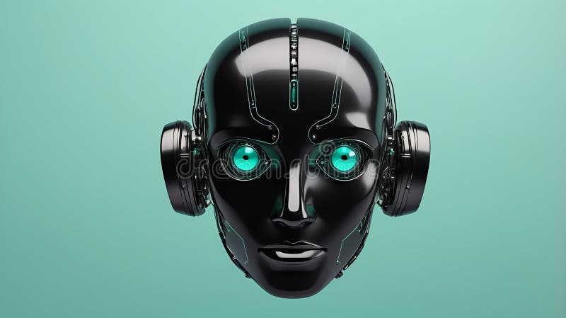 Black Robot Head med Glowing Green Eyes vektor illustrationer