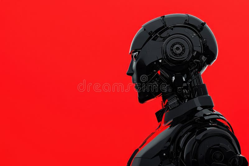 Black Robot Red Background Cyberpunk AI-teknik. Ett svart, humant robothuvud visas i profil mot en pulserande röd bakgrund Den intrikata mekaniska designen framhävs med en cyberpunk-estetik Denna bild representerar avancerad AI och futuristisk teknik