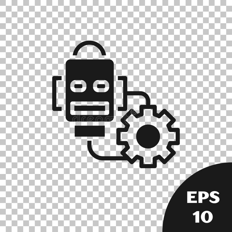 Black Robot setting icon isolated on transparent background. Artificial intelligence, machine learning, cloud computing. Vector.