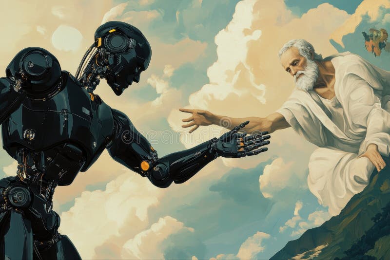 Black Robot som når fram till Touch Hand i konstnärliga bilder stock illustrationer
