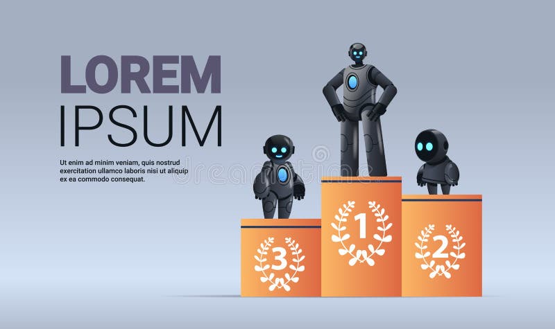 Black robots standing on pedestal winning competition first place artificial intelligence concept full length vector illustration