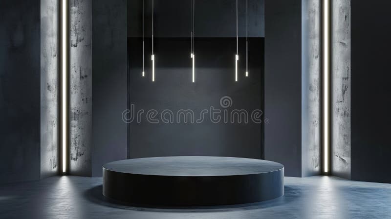 A black room with a round table and three lights royalty free stock photography