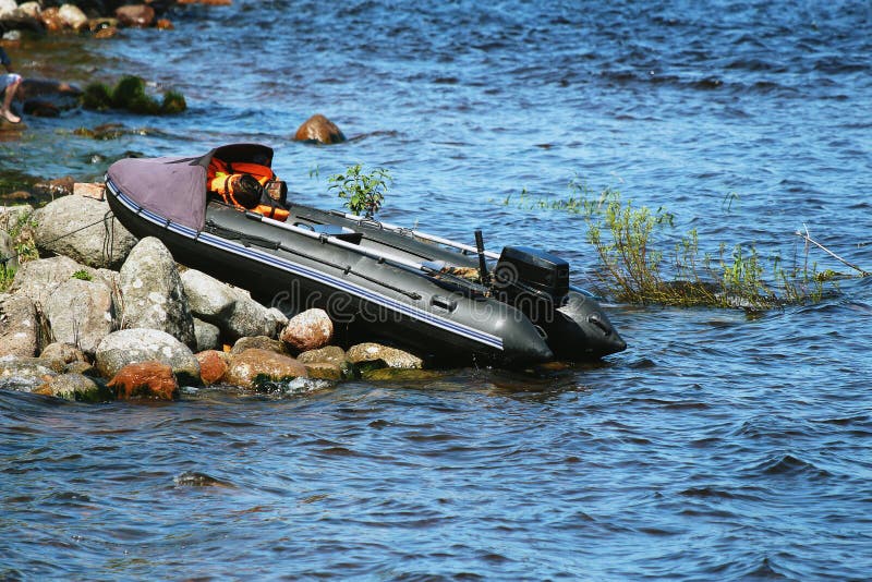 Black Rubber Boat with a Motor Stock Image Image of outdoors, fish