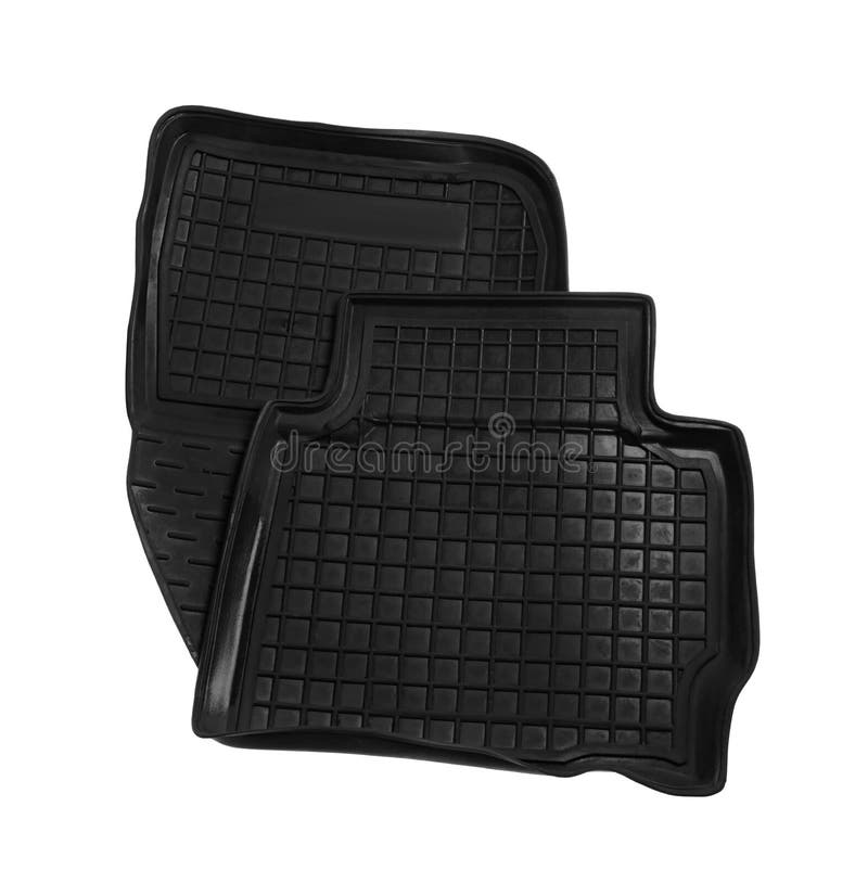 Black Rubber Car Floor Mats on White Background, Top View Stock Photo