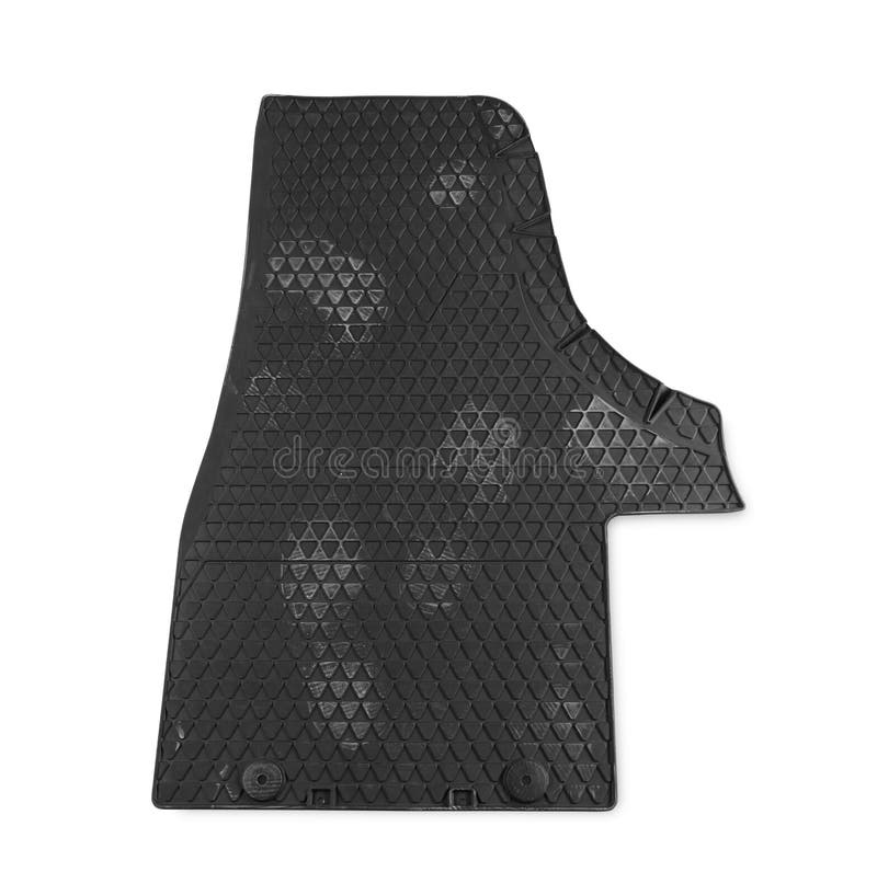 Black Rubber Car Mat with Footprints Isolated on White, Top View Stock