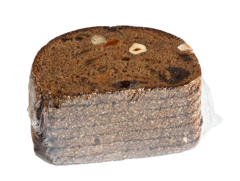 Black Rye Bread with Pieces of Fruit and Nuts in a Transparent Cellophane Package Stock Image