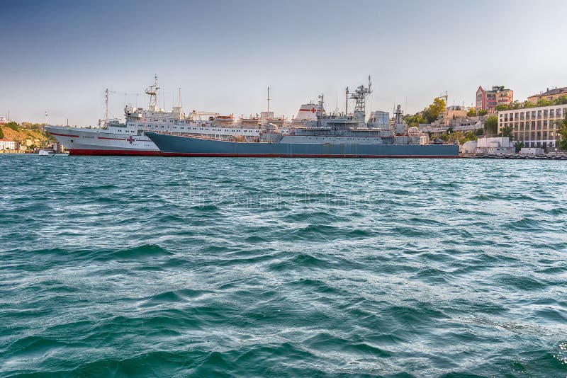 Black Sea Fleet warships in quay of Sevastopol bay, Crimea