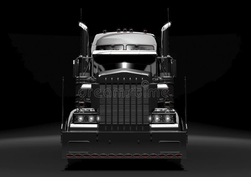 Front view of a long black diesel truck in a dark background. Stack vehicle illustrations