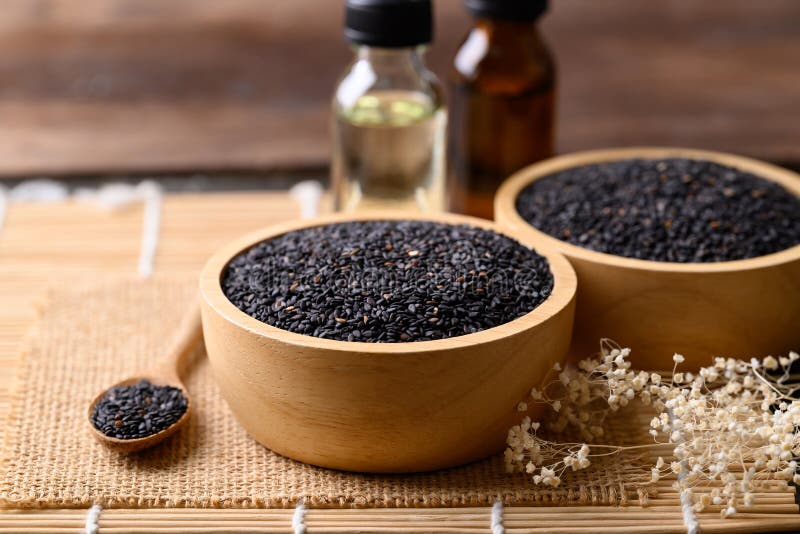 Black Sesame Seed and Oil, Food Ingredients Stock Image - Image of ...