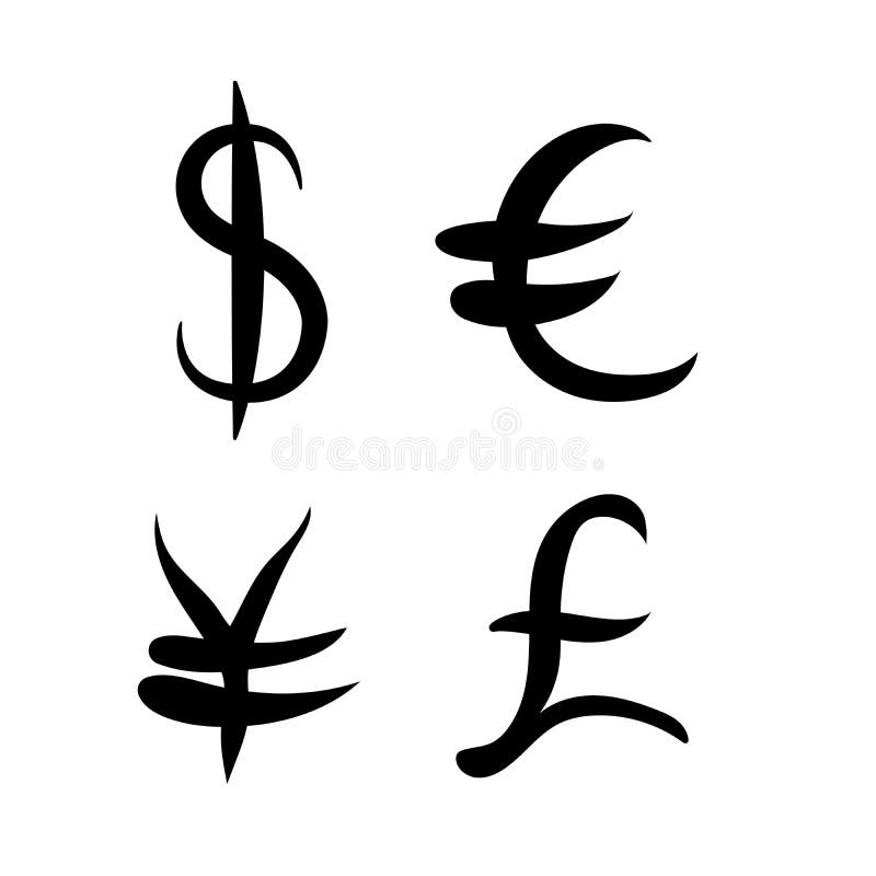 Black set of main currency signs. Signs of dollar and yen, euro and pound on white background. Vector illustration